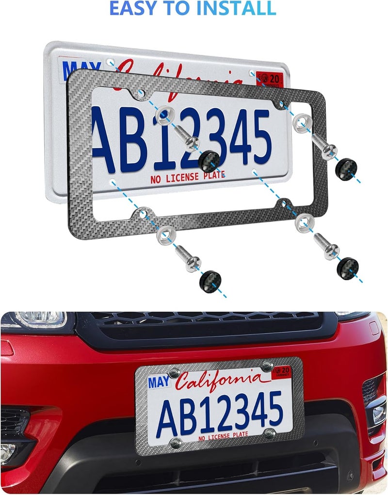 FBJTDQ Carbon Fiber License Plate Frames- Black Plastic Car Tag Holder, 2 Pack 4 Hole Slim Edge Front Rear Bracket with Screw Caps and Car Door Handle Stickers - Image 4